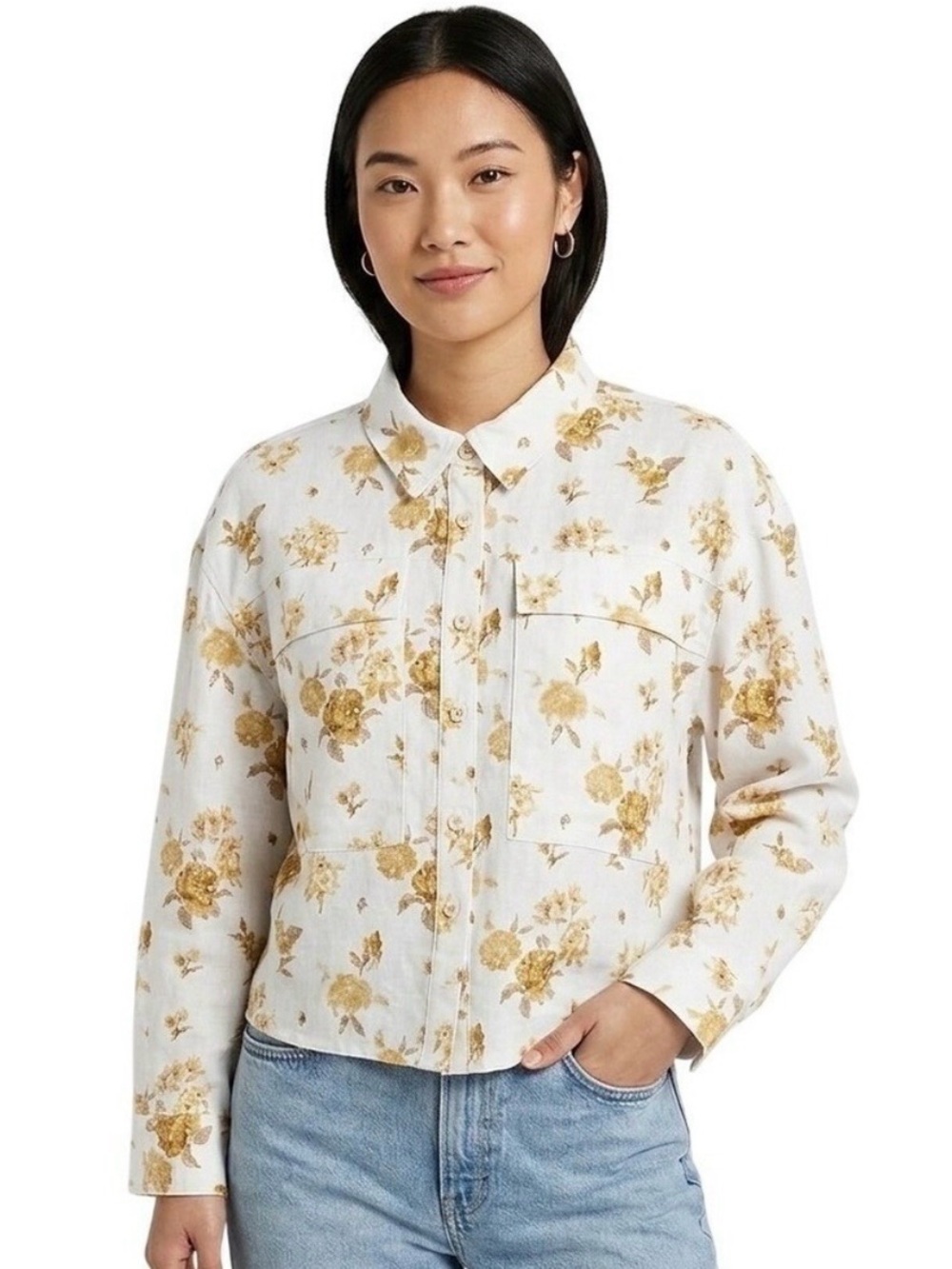 Woolrich Button Down Shirt Cream Floral Cottagecore Fall Womens Size Medium